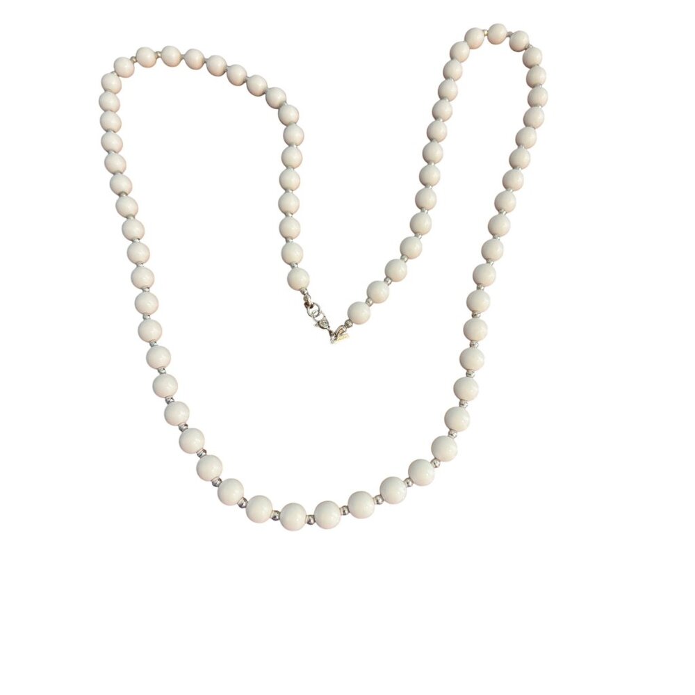 Vintage Monet White Acrylic Bead Necklace Silver Tone Classic Estate 29" Long